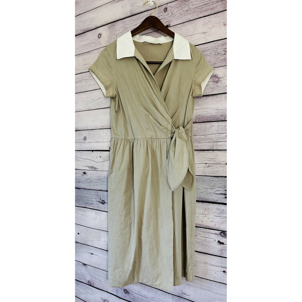 Pell & Co Short Sleeve Beige Silk Blend Faux Wrap Dress ~Women’s Size 4